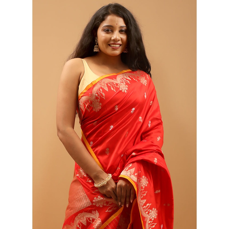 Red Handloom Katan Pure Silk Saree With Blouse Piece - JD986613918