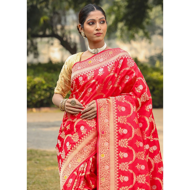 Red Katan Pure Silk Saree With Blouse Piece - JD986614065