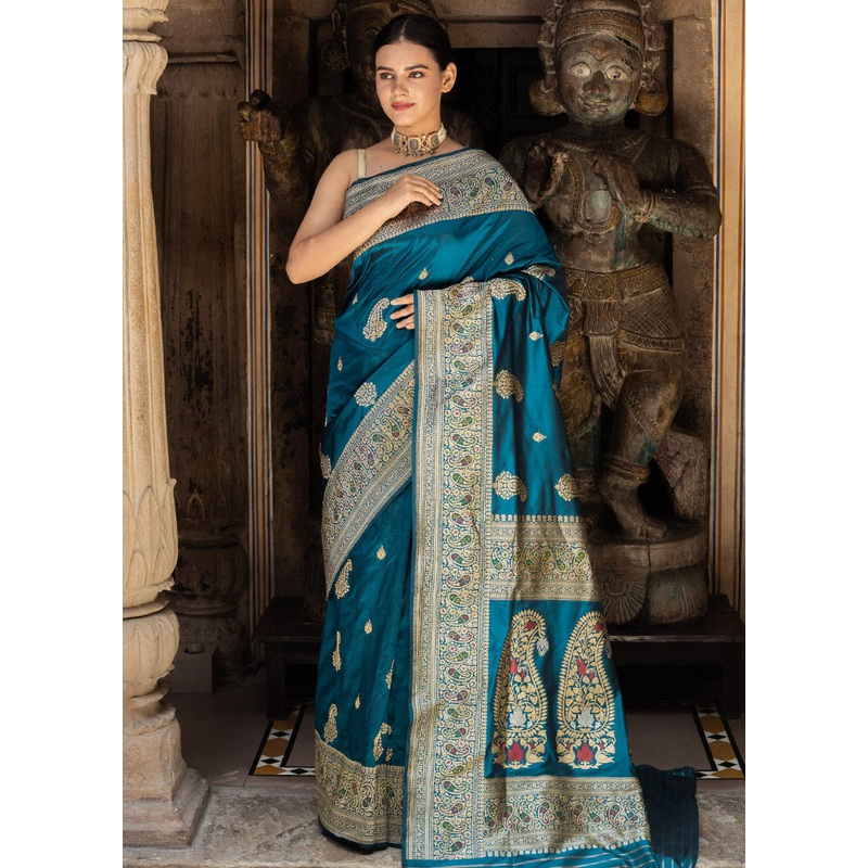 Teal Katan Pure Silk Saree With Blouse Piece - JD986614062