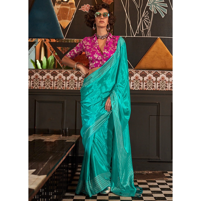 Turquoise Satin Silk Saree With Blouse Piece - JD986613997