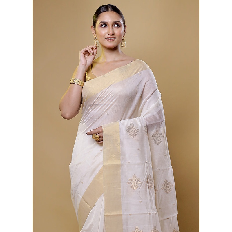 White Chanderi Cotton Saree With Blouse Piece - JD986614035