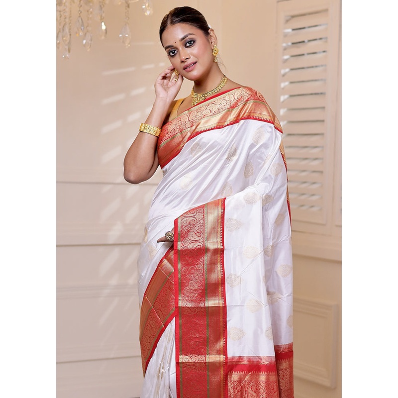 White Handloom Kanchipuram Pure Silk Saree With Blouse Piece - JD986613916