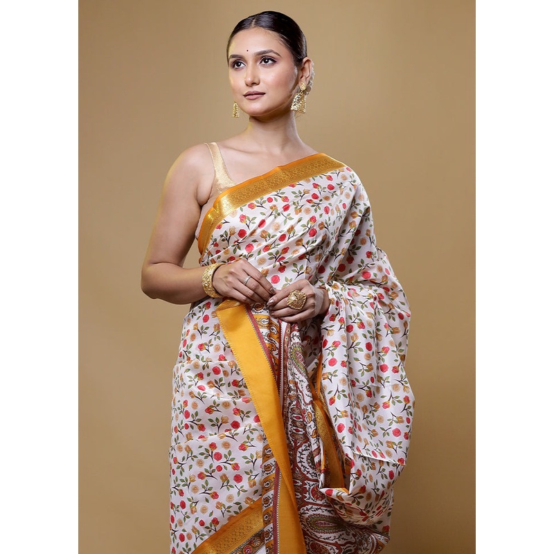 White Handloom Printed Pure Silk Saree Without Blouse Piece - JD986614034