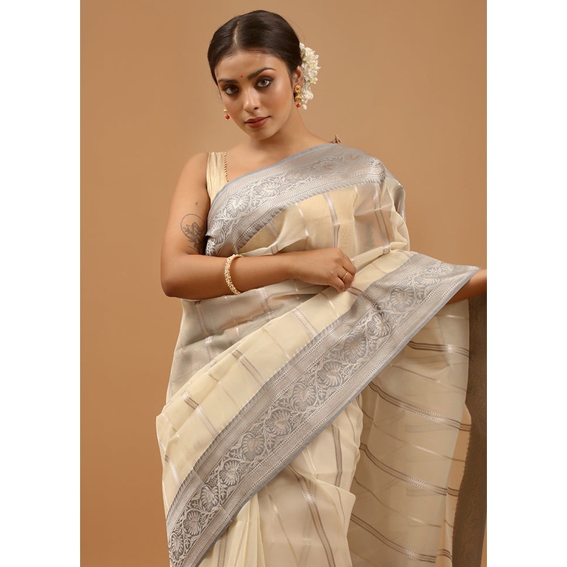 White Organza Saree With Blouse Piece - JD986613964