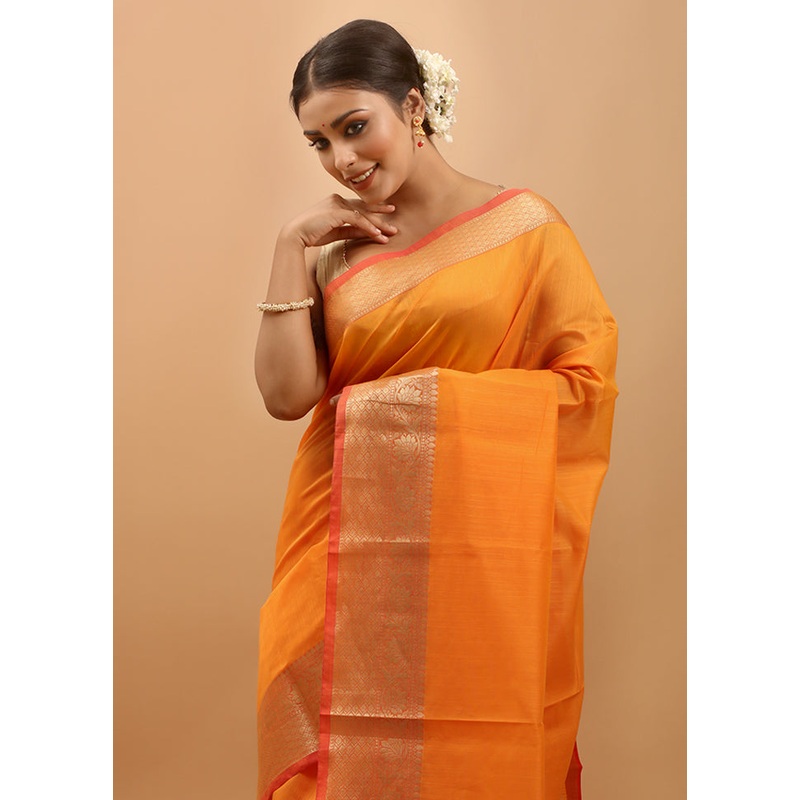 Yellow Cotton Saree With Blouse Piece - JD986613963