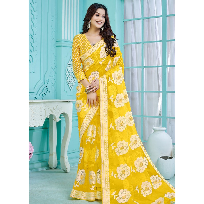 Yellow Crepe Silk Saree With Blouse Piece - JD986613996
