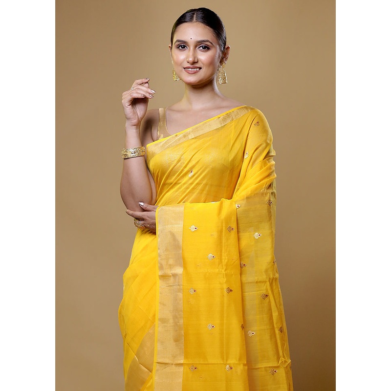 Yellow Handloom Chanderi Pure Cotton Saree With Blouse Piece - JD986614033