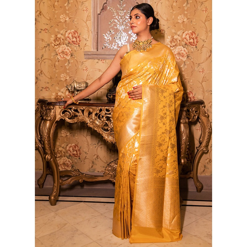 Yellow Katan Pure Silk Saree With Blouse Piece - JD986614060