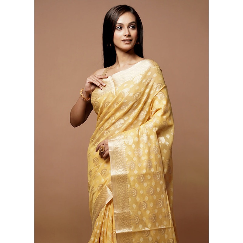 Yellow Kora Silk Saree With Blouse Piece - JD986614045