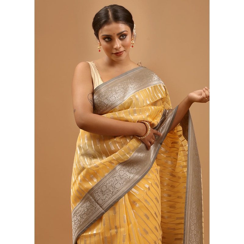 Yellow Organza Saree With Blouse Piece - JD986613959