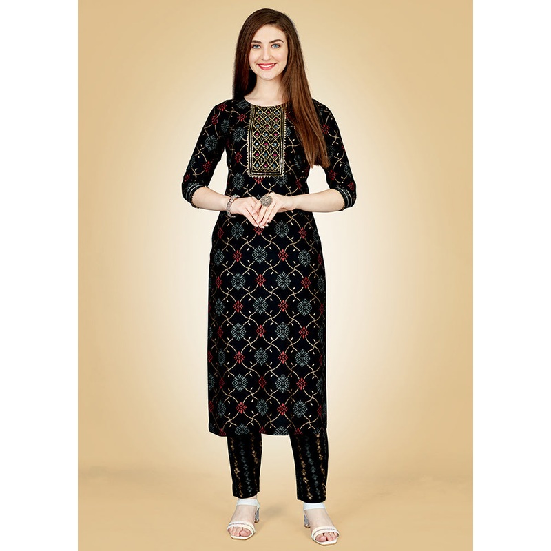 2 Pc Black Readymade Rayon Kurti Set - JD986613839