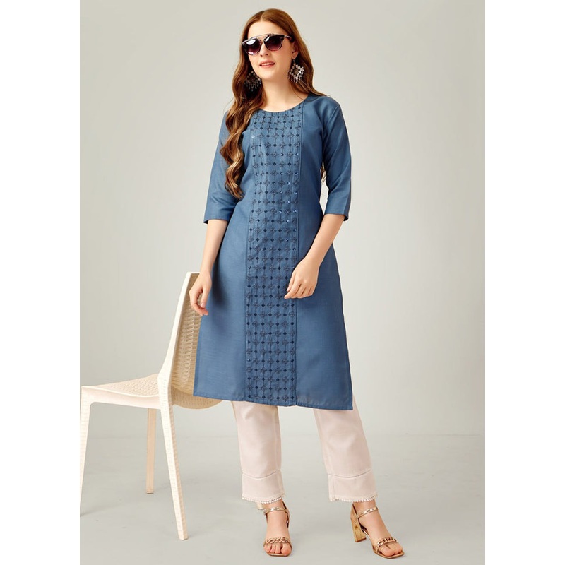 2 Pc Blue Readymade Cotton Kurti Set - JD986613838