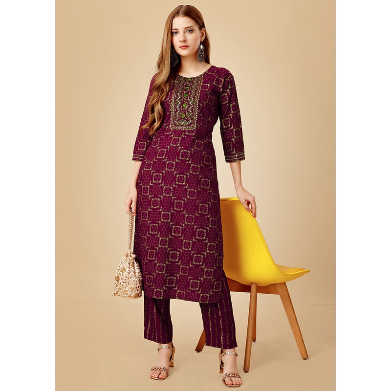 2 Pc Burgundy Readymade Rayon Kurti Set - JD986613837