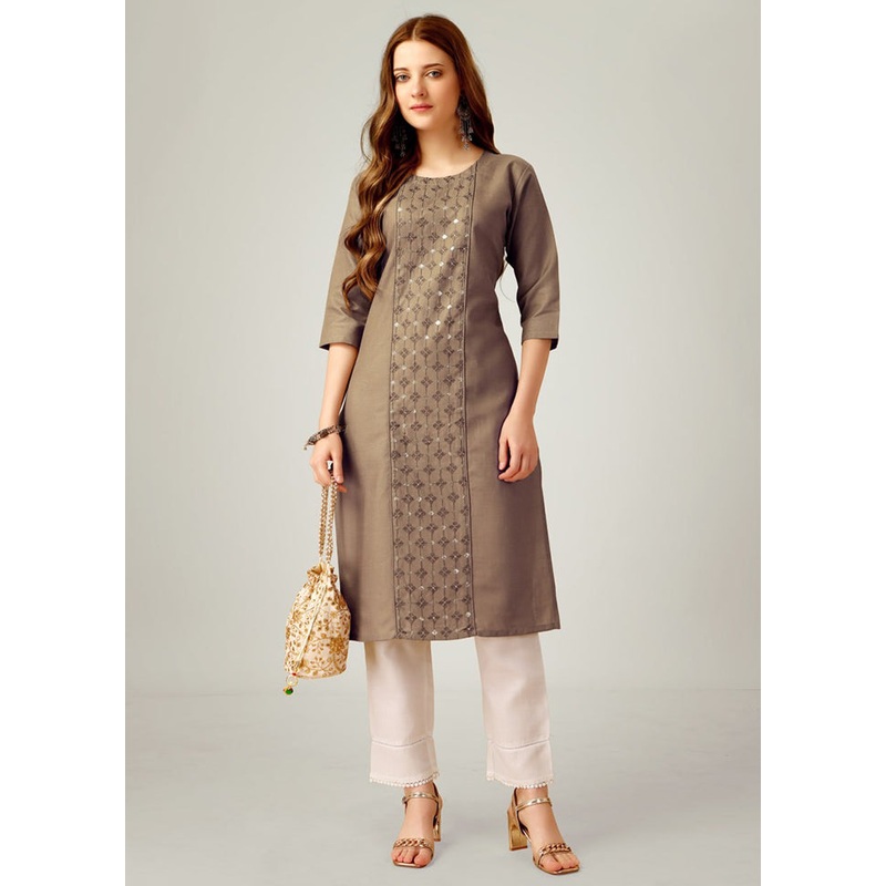 2 Pc Cream Readymade Cotton Kurti Set - JD986613834