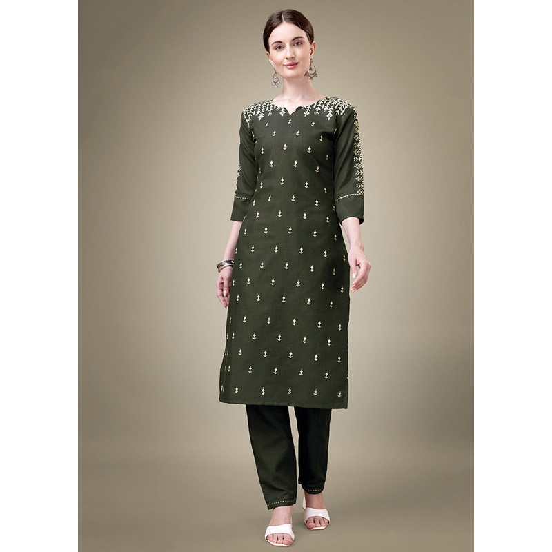 2 Pc Dark Green Readymade Cotton Kurti Set - JD986613833