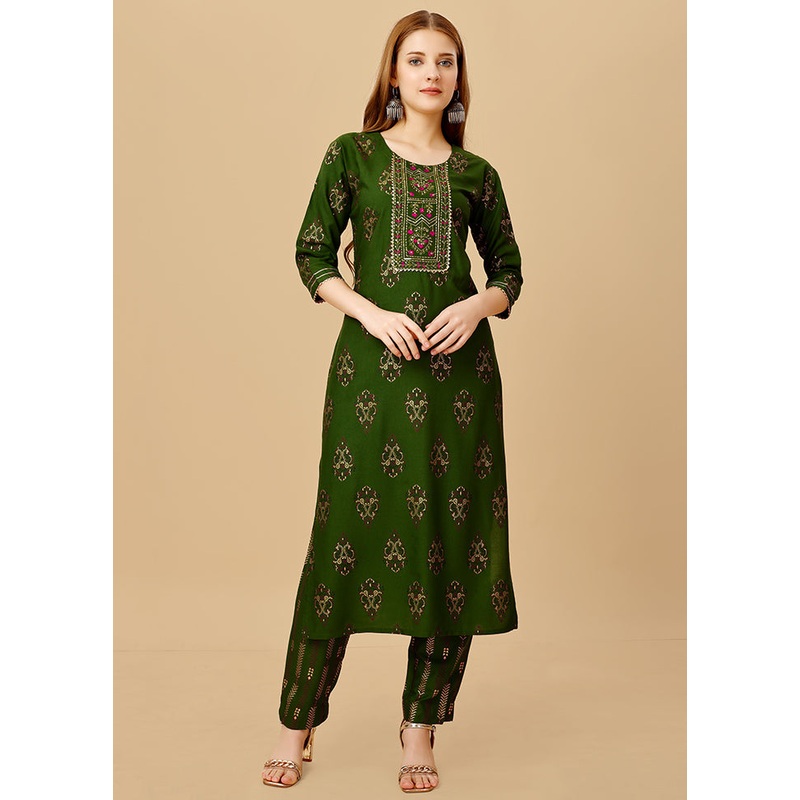 2 Pc Green Readymade Rayon Kurti Set - JD986613830