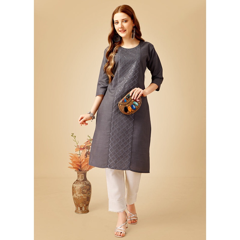 2 Pc Grey Readymade Cotton Kurti Set - JD986613829