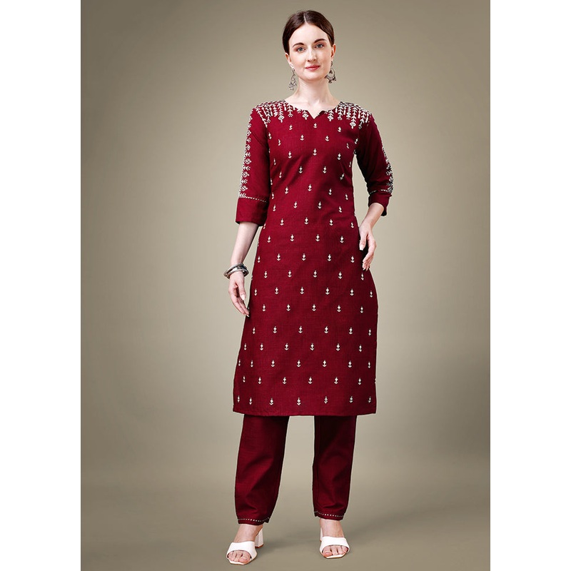 2 Pc Maroon Readymade Cotton Kurti Set - JD986613827