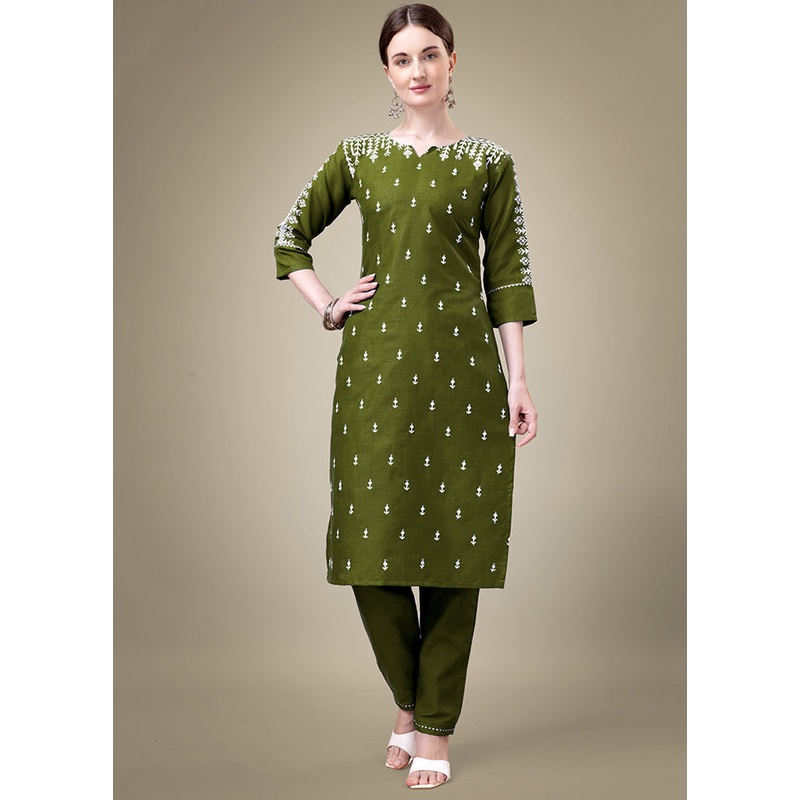 2 Pc Mehendi Green Readymade Cotton Kurti Set - JD986613825