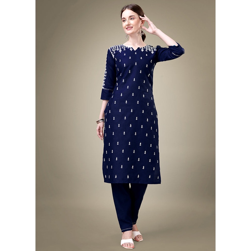 2 Pc Navy Blue Readymade Cotton Kurti Set - JD986613824