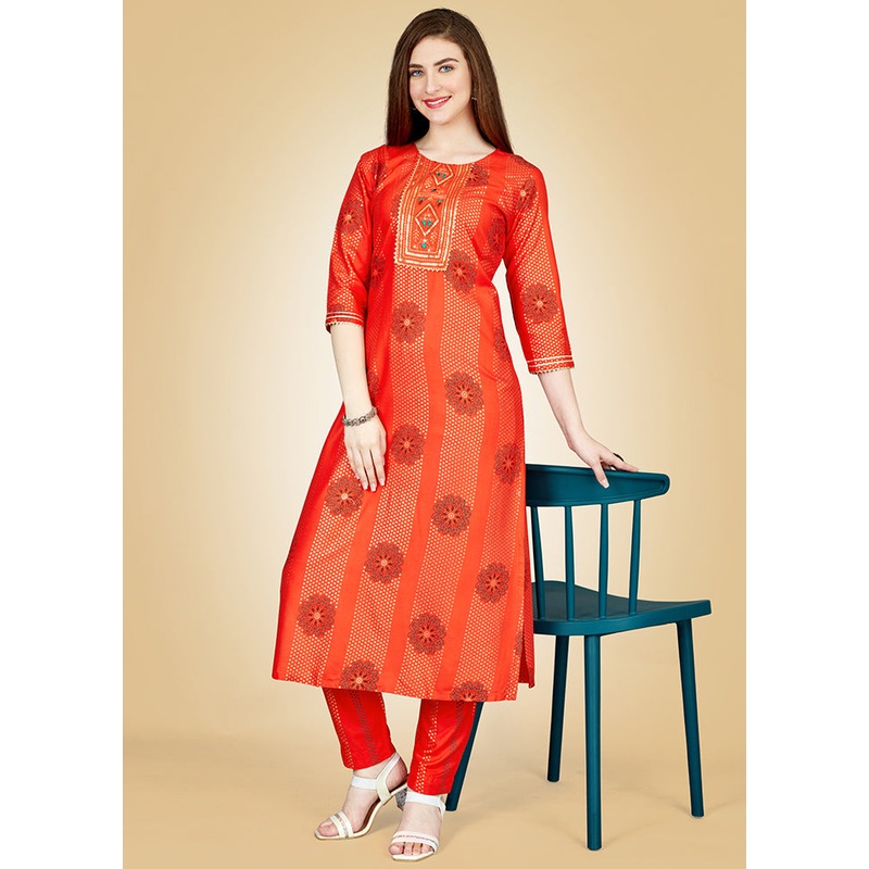 2 Pc Orange Readymade Rayon Kurti Set - JD986613823