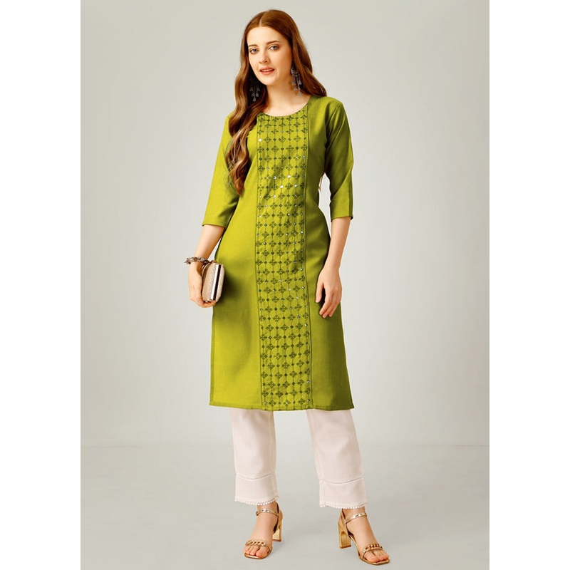 2 Pc Parrot Green Readymade Cotton Kurti Set - JD986613822