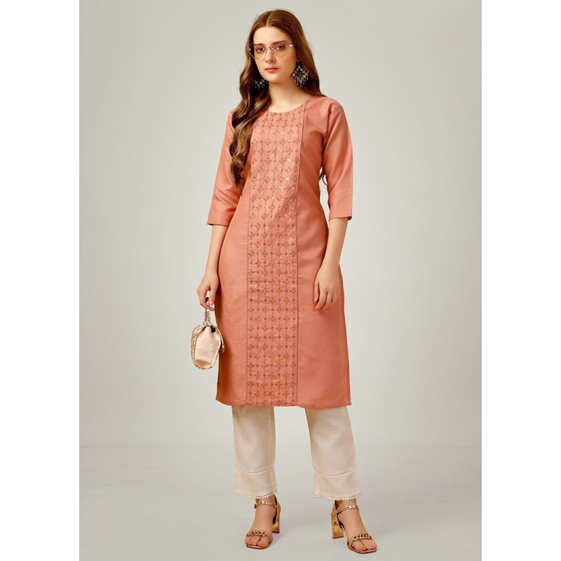2 Pc Peach Readymade Cotton Kurti Set - JD986613821