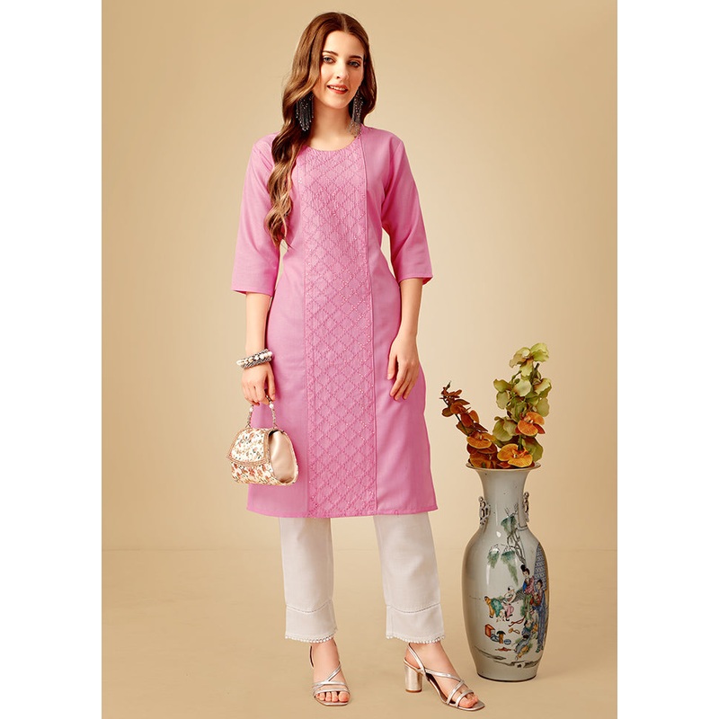 2 Pc Pink Readymade Cotton Kurti Set - JD986613820