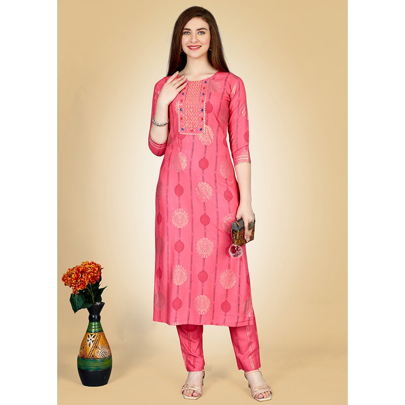 2 Pc Pink Readymade Rayon Kurti Set - JD986613818