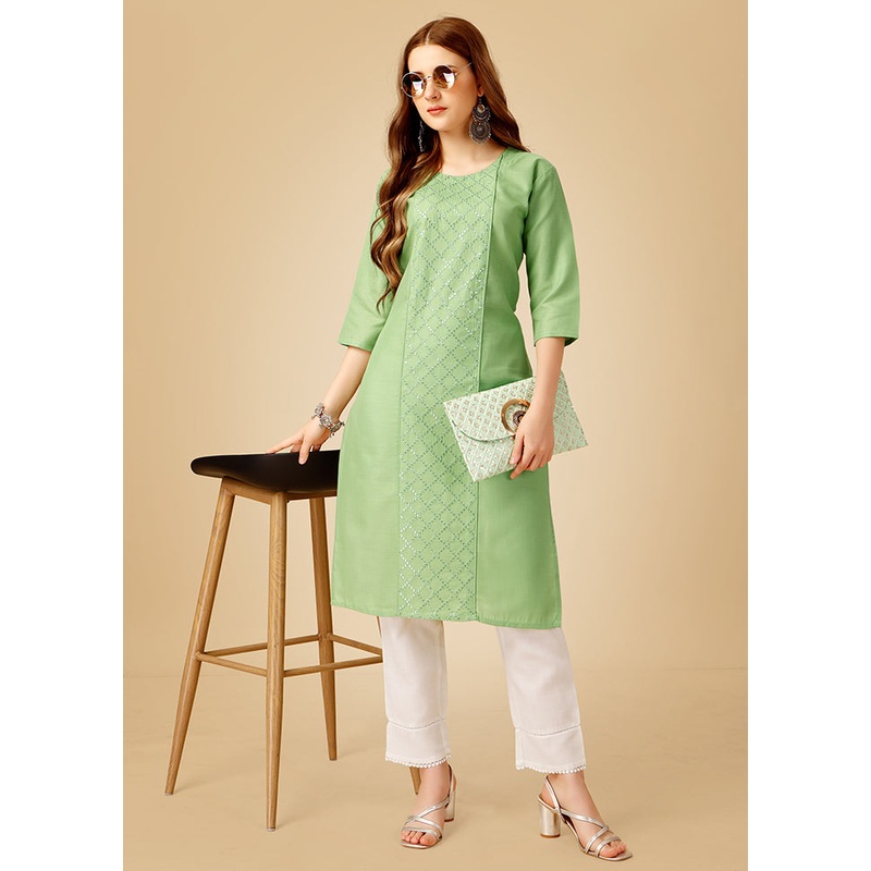 2 Pc Pista Green Readymade Cotton Kurti Set - JD986613817