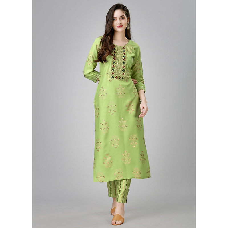 2 Pc Pista Green Readymade Rayon Kurti Set - JD986613816