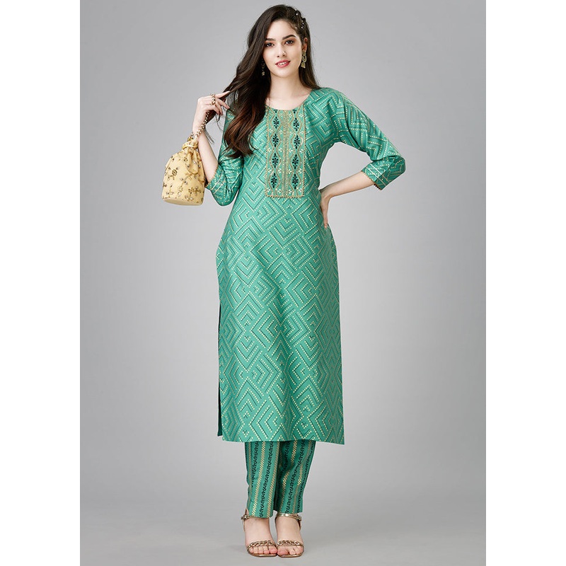 2 Pc Rama Green Readymade Rayon Kurti Set - JD986613813