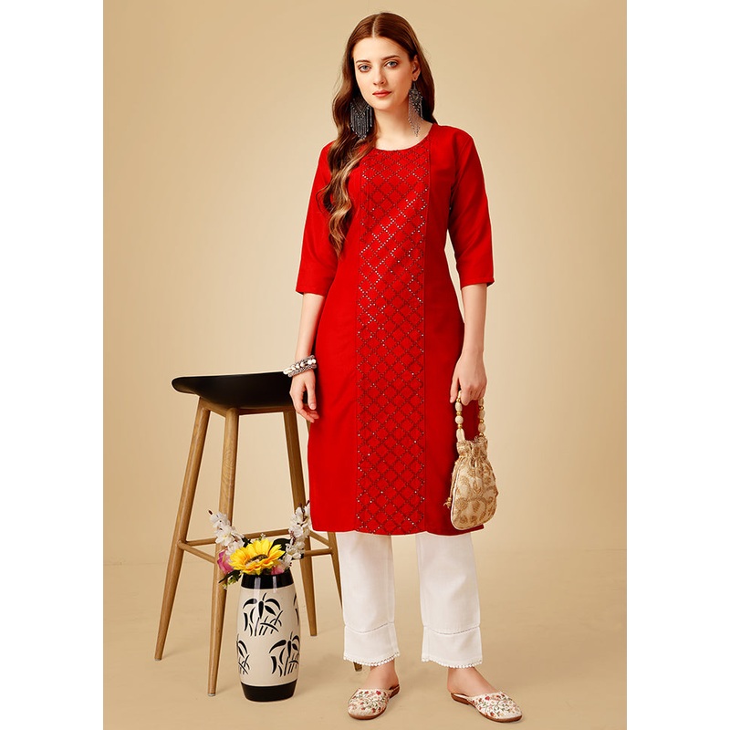 2 Pc Red Readymade Cotton Kurti Set - JD986613812