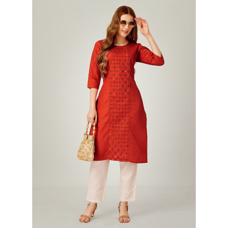 2 Pc Rust Readymade Cotton Kurti Set - JD986613811