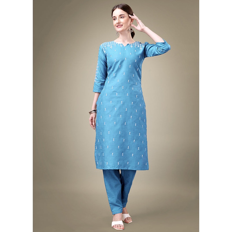 2 Pc Sky Blue Readymade Cotton Kurti Set - JD986613809