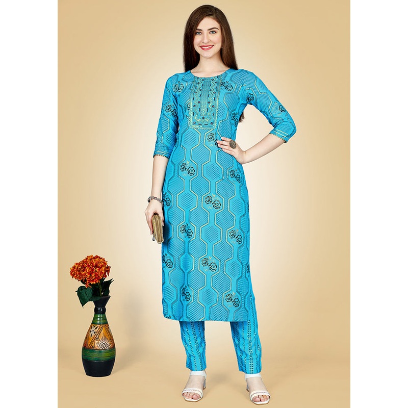 2 Pc Sky Blue Readymade Rayon Kurti Set - JD986613808
