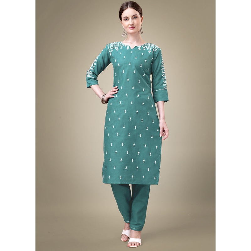 2 Pc Teal Readymade Cotton Kurti Set - JD986613806