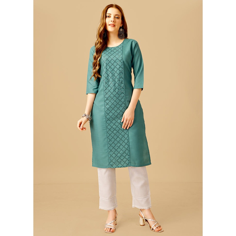 2 Pc Teal Readymade Cotton Kurti Set - JD986613807