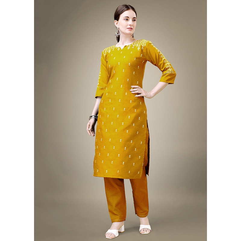 2 Pc Yellow Readymade Cotton Kurti Set - JD986613800