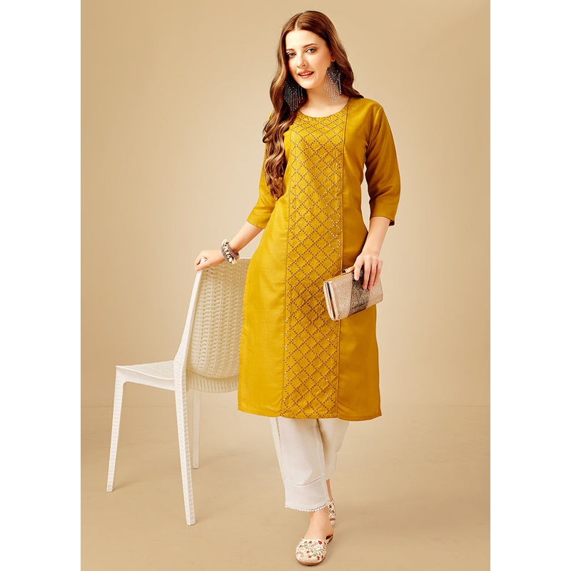 2 Pc Yellow Readymade Cotton Kurti Set - JD986613801