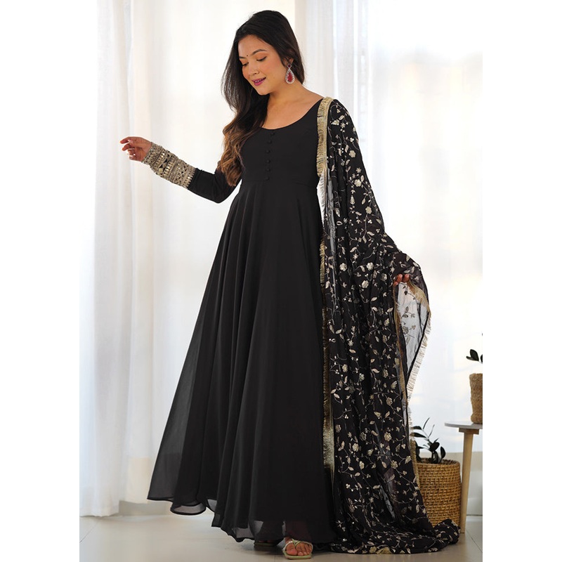 3 Pc Black Pure Readymade Georgette Suit Set - JD986613797