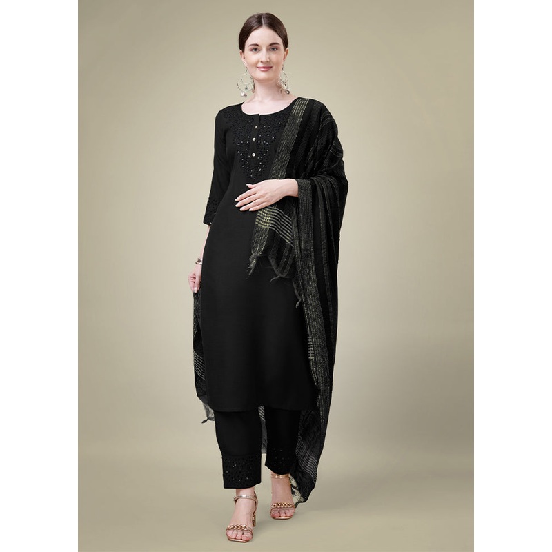 3 Pc Black Readymade Cotton Suit Set - JD986613790