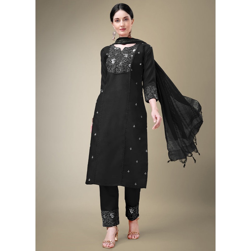 3 Pc Black Readymade Cotton Suit Set - JD986613791