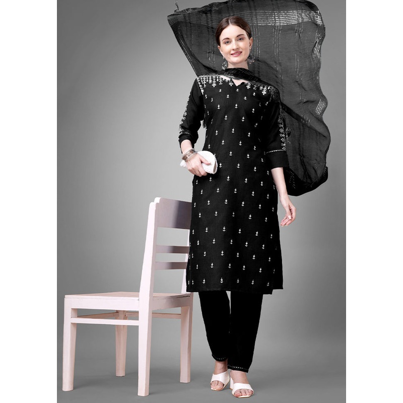 3 Pc Black Readymade Cotton Suit Set - JD986613792