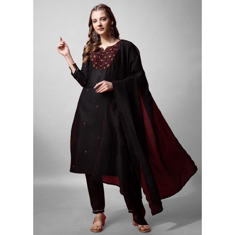 3 Pc Black Readymade Cotton Suit Set - JD986613793