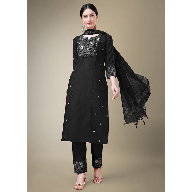 3 Pc Black Readymade Cotton Suit Set - JD986613794