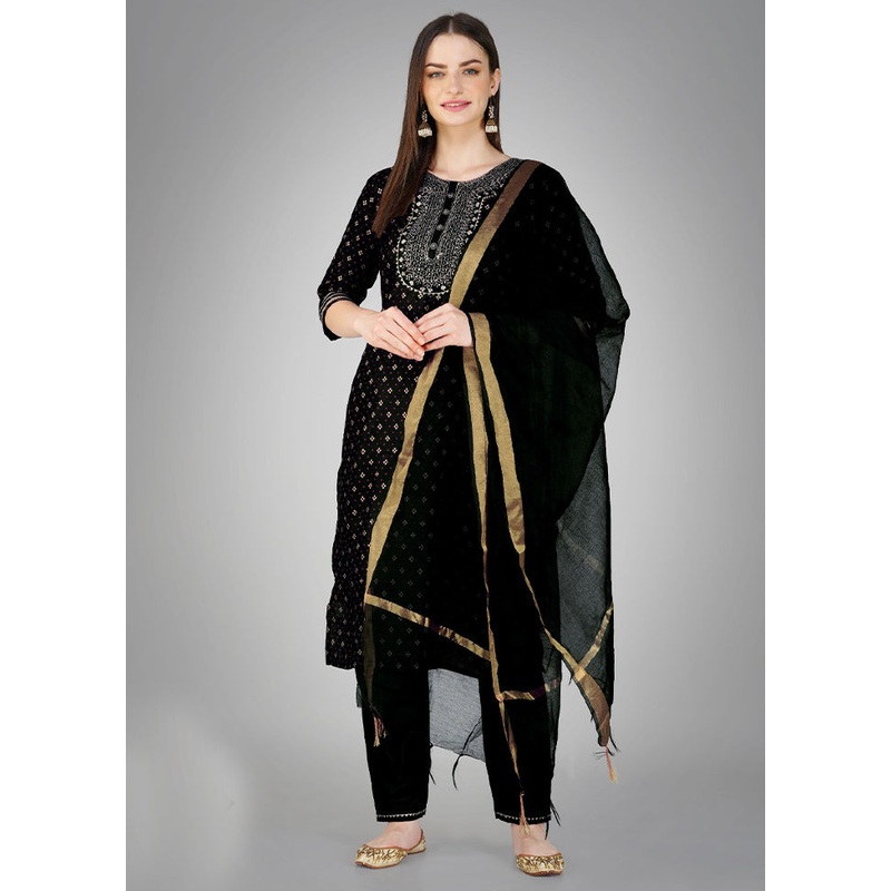 3 Pc Black Readymade Cotton Suit Set - JD986613795