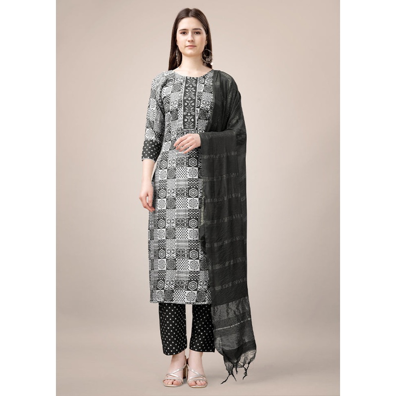 3 Pc Black Readymade Rayon Suit Set - JD986613789
