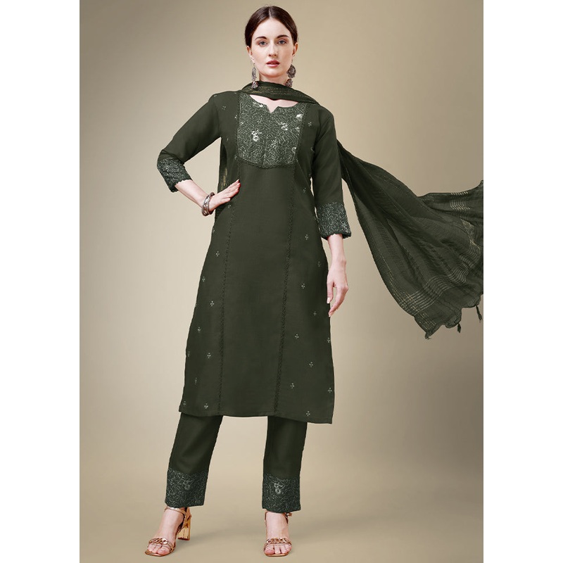 3 Pc Dark Green Readymade Cotton Suit Set - JD986613784