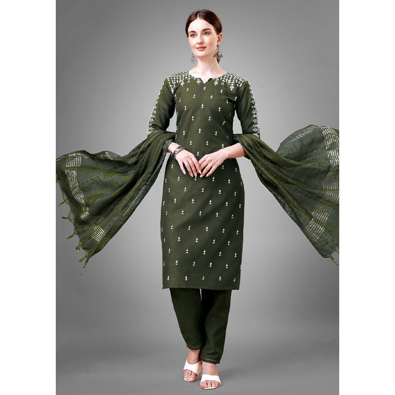 3 Pc Dark Green Readymade Cotton Suit Set - JD986613785
